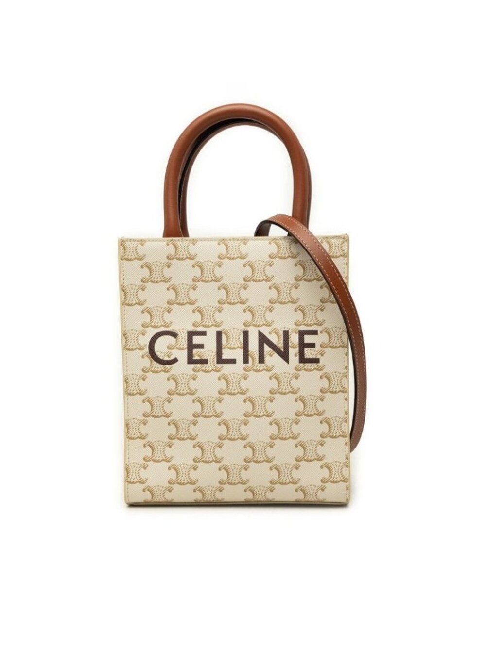 Celine Triomphe Mini Vertical Cabas 2-Way Shoulder Bag White Brown Leather
